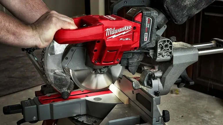 Milwaukee 2733-20 M18 FUEL 7-1/4-Inch Dual Bevel Sliding Compound Miter Saw in use in a workshop