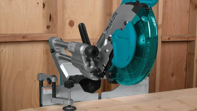 Makita LS1019L 10" Dual-Bevel Sliding Compound Miter Saw with Laser on wooden workbench