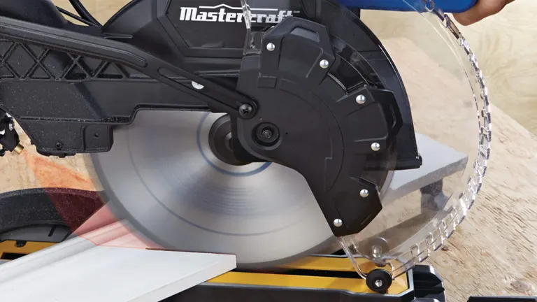 Mastercraft 11G-305 15 Amp 12" Dual-Bevel Sliding Miter Saw with Laser in use on wood