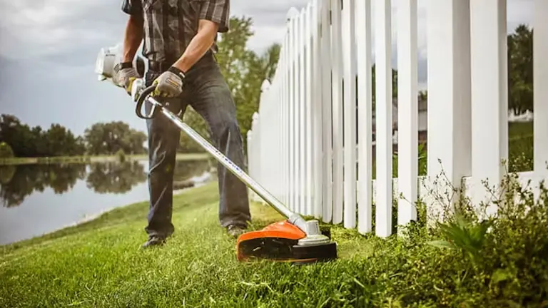 Person using a Stihl FS 56 RC-E Trimmer near a white fence and water body