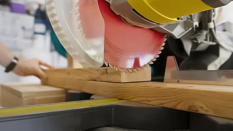 Close-up of a miter saw cutting a wooden plank in a workshop
