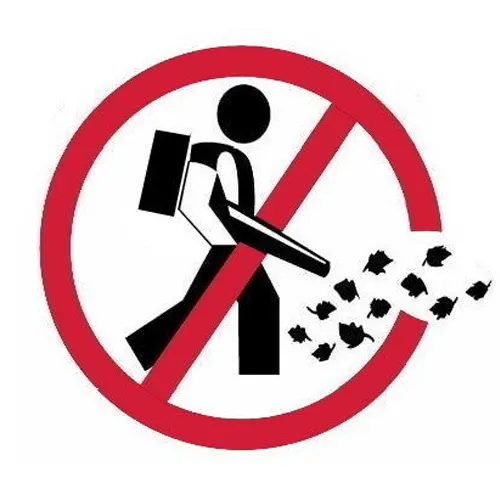 No symbol with a figure holding a leaf blower, symbolizing the environmental and health impact of leaf blowers