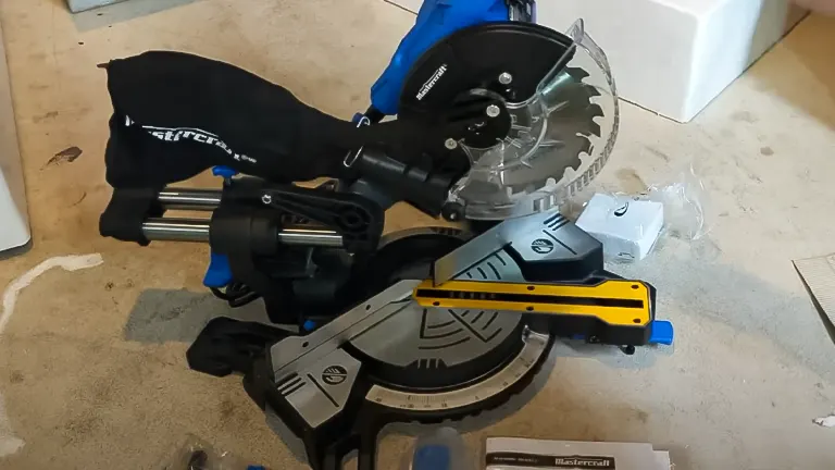 Mastercraft ZP15 10” Single-Bevel Sliding Compound Miter Saw with Laser on a workbench