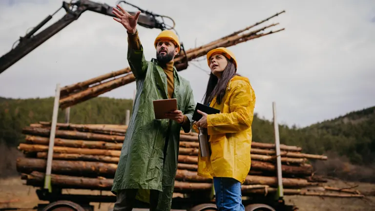 Two people in yellow hard hats and raincoats discussing timber harvesting in front of a pile of logs and a crane