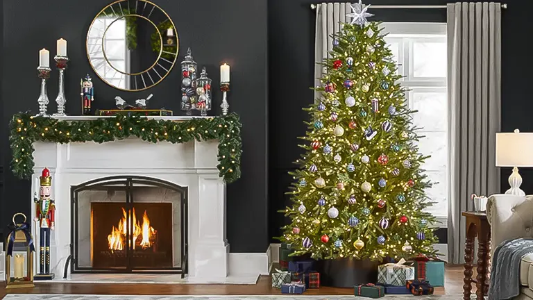 Decorated Christmas tree with presents in a black and white themed living room with a fireplace.