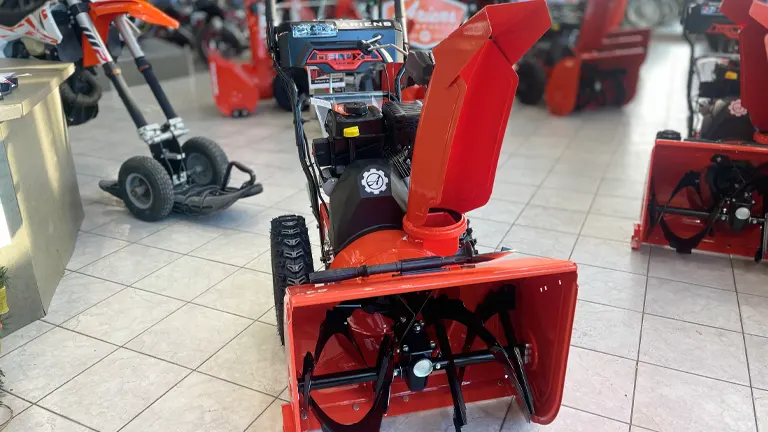 Red snowblower in a store with other snowblowers in the background.
