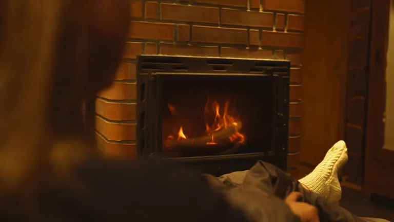 Person relaxing in front of a burning fireplace