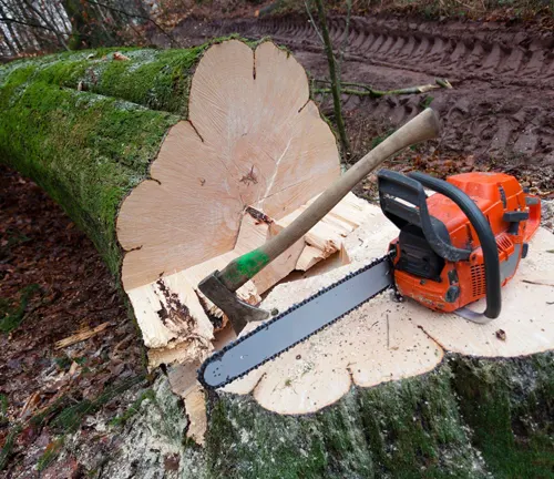 Chainsaw and axe on tree stump for a 2023 Firewood Business guide