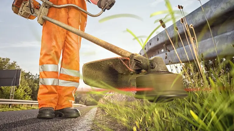 Worker in orange safety gear using a 2023 STIHL trimmer on roadside grass