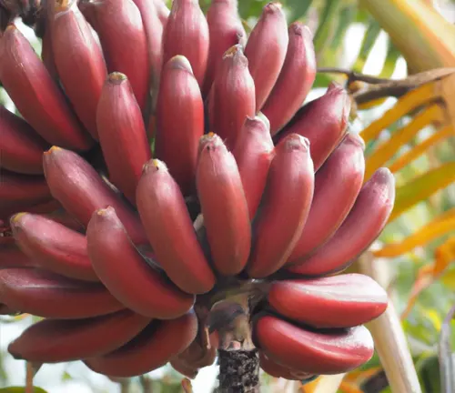 Close-up of a bunch of red Musa ‘Lady Finger’ bananas on a tree