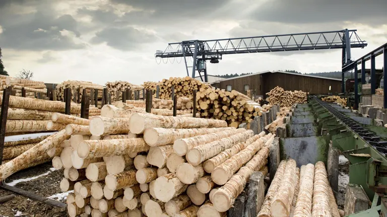 Timber harvesting operation with stacks of logs and machinery