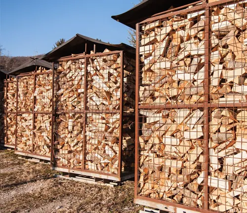Firewood stacked in metal cages under blue sky for a 2023 Firewood Business guide