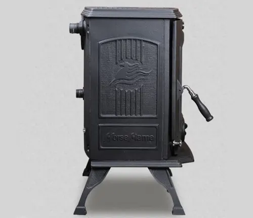Black HF317B HiFlame Smokeless Indoor Cast Iron Wood Burning Stove with intricate engravings, including a pattern that resembles waves or smoke and the brand name ‘Horse Flame’