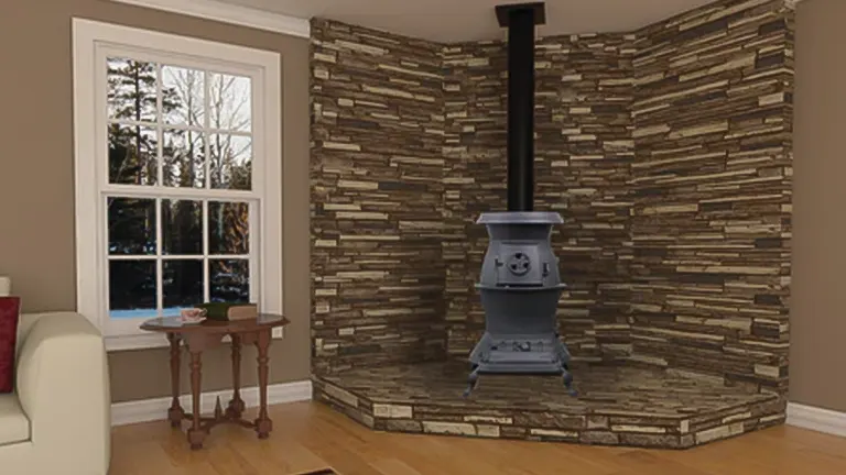 Living room with stone wall and wood-burning stove.