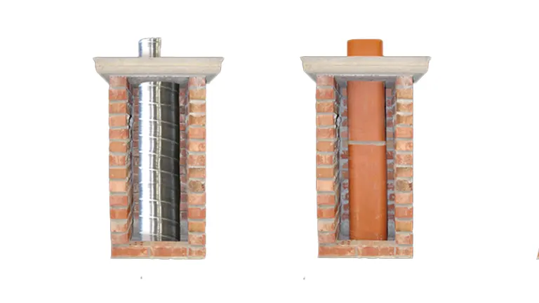 Two brick chimney designs, one with a metal flue and the other with a terracotta pot.