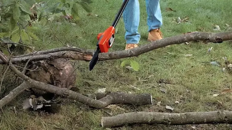Person using a BLACK+DECKER 20V MAX 8-Inch Cordless Pole Saw to trim tree branches