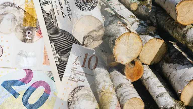 British currency and timber logs representing the timber harvesting industry
