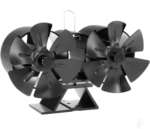 JossaColar heat powered wood stove fan with two large, black fan blades, a durable metal body, and a sturdy base. It also has a handle at the top for easy carrying or adjustment