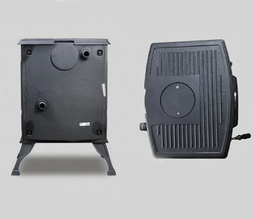 Two views of a dark HF317B HiFlame Smokeless Indoor Cast Iron Wood Burning Stove with a square shape and rounded corners