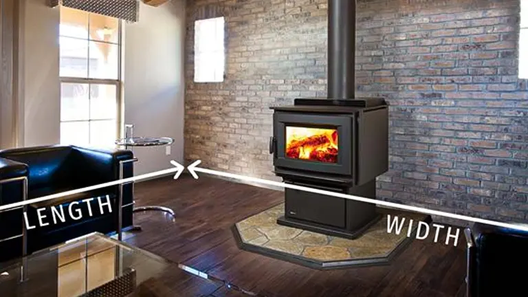 Wood stove in a living room with dimensions labeled for size guide