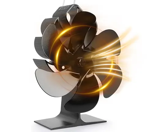 Hanaoyo Heat Powered Wood Stove Fan in operation. The fan, with multiple blades and a dark metallic finish, is designed to sit securely on top of a wood stove
