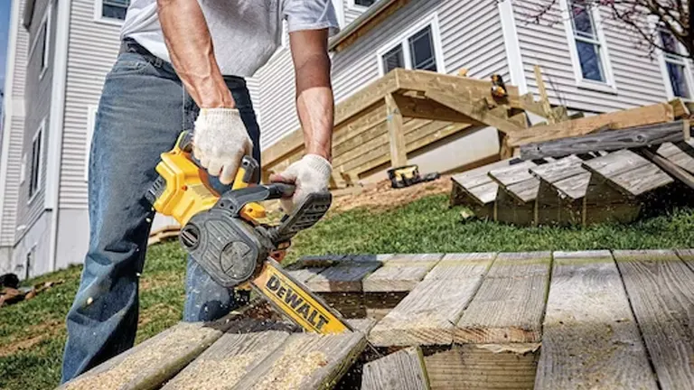 Person using a yellow and black DeWalt chainsaw to cut wood in a backyard.