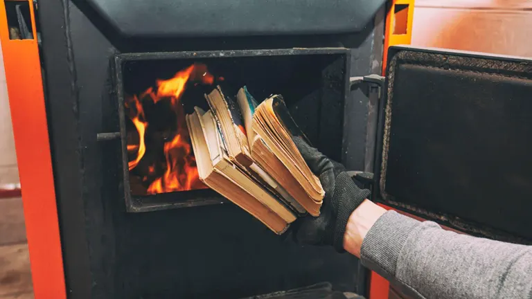 Person in gray sweater placing old books into a wood burning stove.
