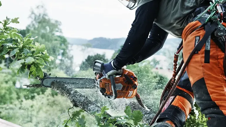 Person in helmet and orange pants using a chainsaw to cut a tree branch.