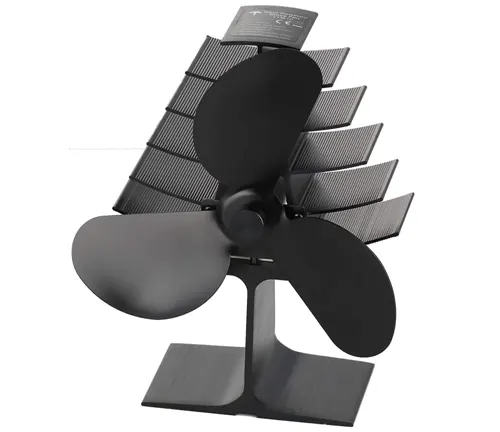 The Three Musketeers III M Wood Stove Fan, a black wood stove fan with three large blades and metallic heat-powered fins, designed for efficient air circulation