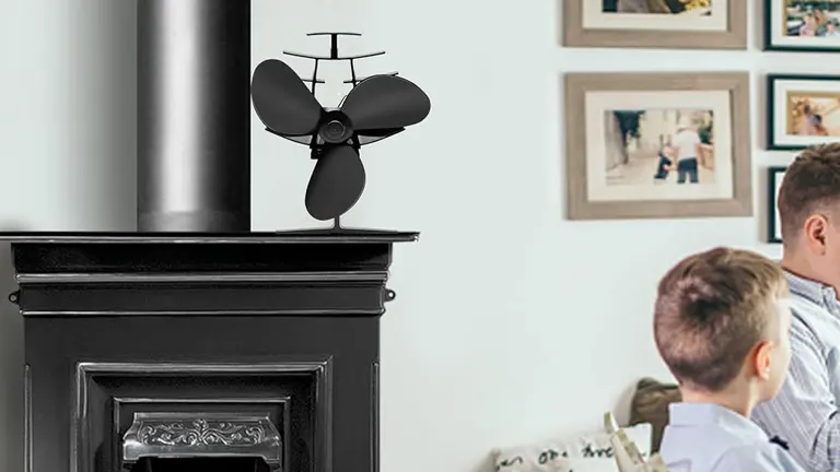 The Three Musketeers III M Wood Stove Fan” placed on a black stove with intricate designs. Two people are partially visible in the foreground, and the background wall is adorned with multiple framed pictures, suggesting a cozy indoor environment