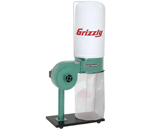 Grizzly G8027 1 HP Dust Collector in green and white color with a clear dust bag.