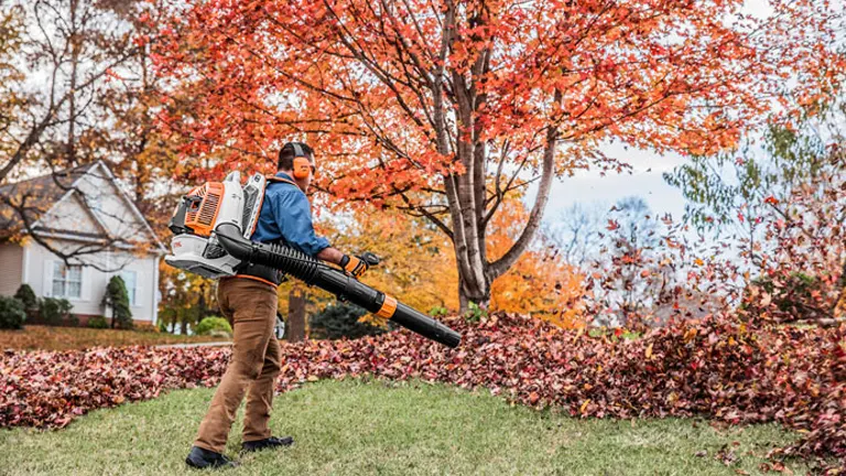 Person using Stihl BR 800 C-E Magnum leaf blower in a yard with autumn leaves