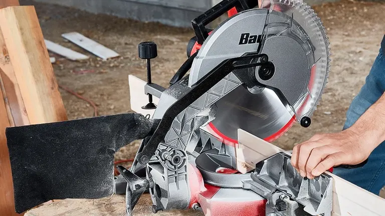 Bauer 20744E-B 12” Dual Bevel Sliding Compound Miter Saw in action at a construction site