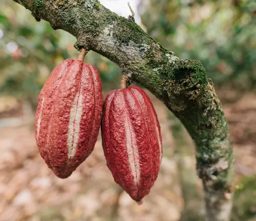Two red Criollo Cacao pods hanging from a tree branch