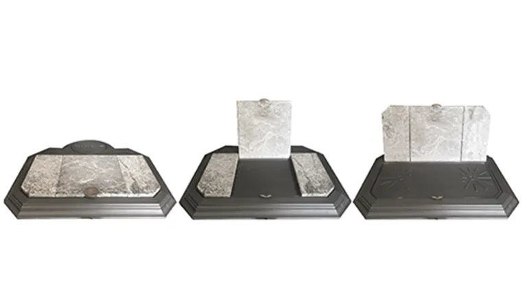 Three black and gray marble tombstones on a white background.