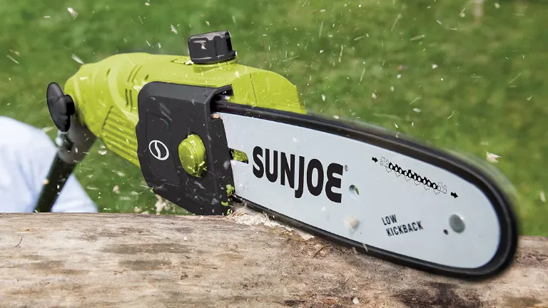 Sun Joe SWJ806E 2-in-1 Convertible Electric Pole Chain Saw, converts from a pole saw to a handheld chainsaw with a telescoping pole