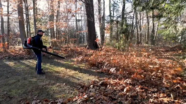 Person using Echo PB-580T leaf blower in a wooded area