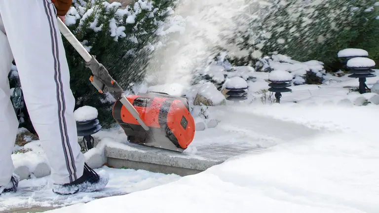 Person using VOLTASK 20V 12-Inch 4-Ah Cordless Snow Blower to clear a snowy path
