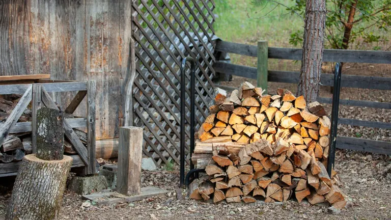 Pile of firewood stacked against a wooden fence in a rural setting