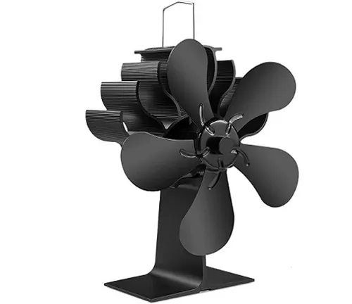 Pybbo Wood Stove Fan with five large blades, multiple cooling fins, and a sturdy base