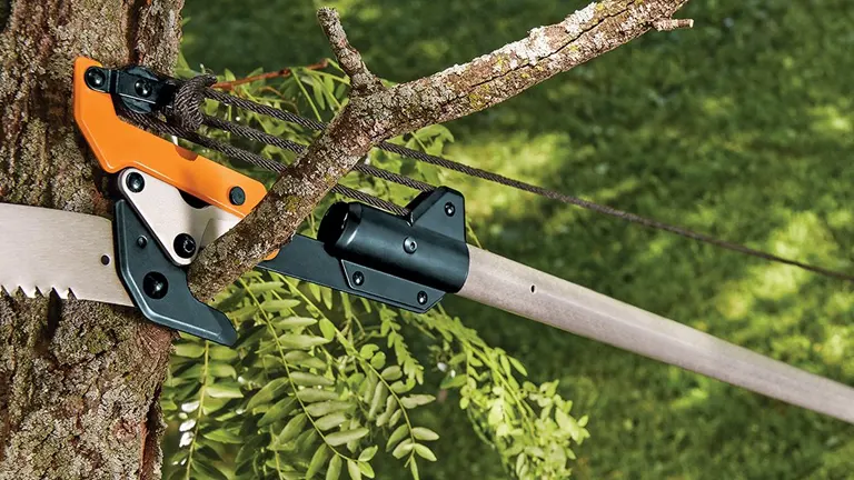 Person using a Fiskars Extendable Pole Saw to trim tree branches