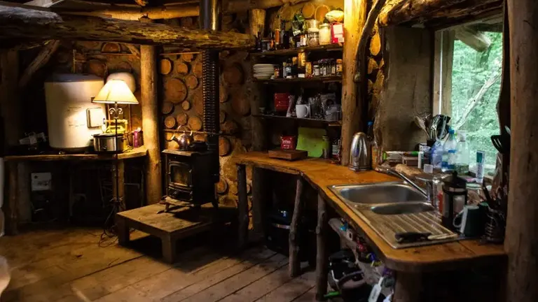 Rustic off-grid cabin kitchen featuring a wood stove