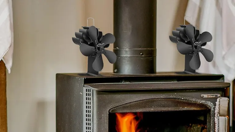 Indoor setting with a metallic wood stove that has a visible fire burning inside. On top of the stove, there are two black Pybbo Wood Stove Fans designed to circulate the warm air. A metal flue pipe extends upwards from the stove for smoke and fumes exit
