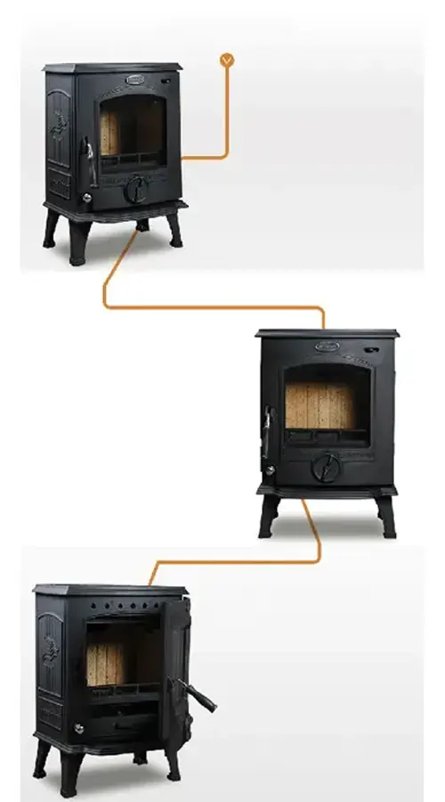 Three different views of a black HF317B HiFlame Smokeless Indoor Cast Iron Wood Burning Stove, showcasing its design and features