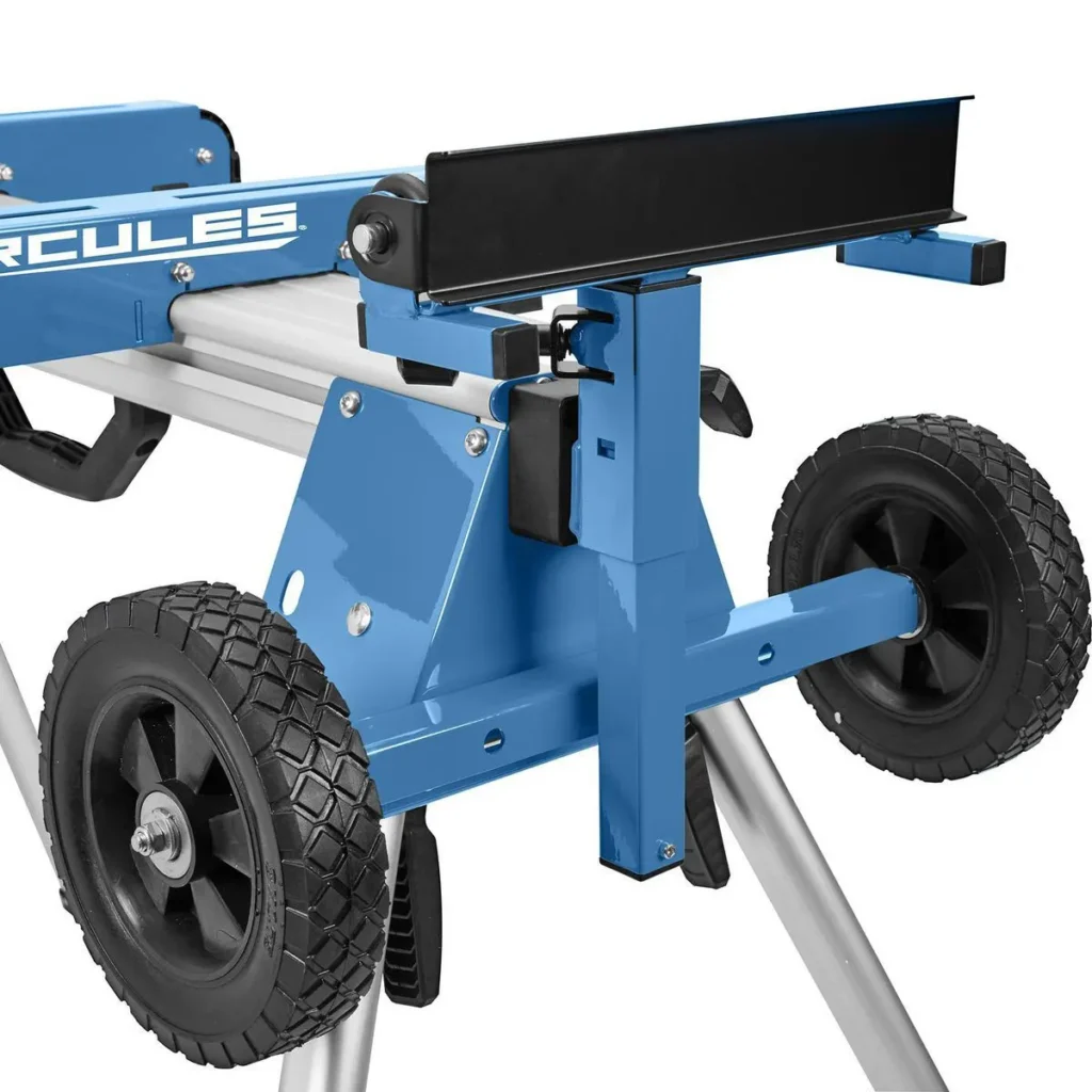 Blue Hercules 550 lb. Universal Aluminum Mobile Folding Miter Saw Stand with black wheels