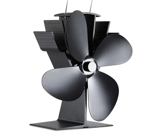 Galafire Wood Stove Fan with four large, black, sleek blades and a metallic body