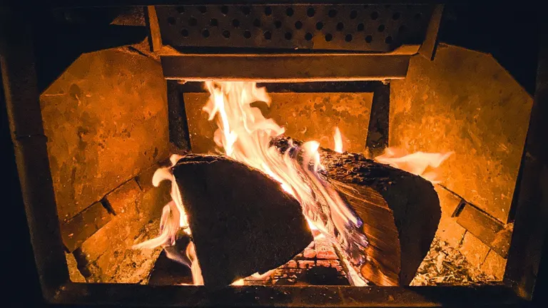 Fire burning in a fireplace with a grate and two logs.