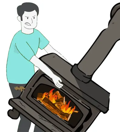 Illustration of a person in blue shirt lifting wood into a black wood-burning stove.