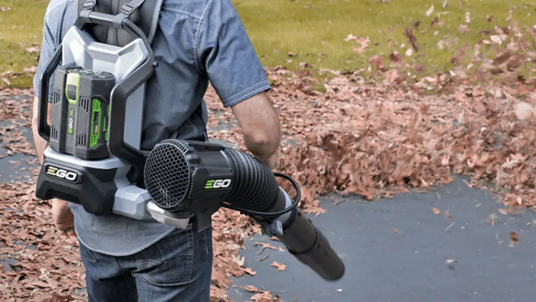 Person using EGO Power+ LB5804 leaf blower on a driveway