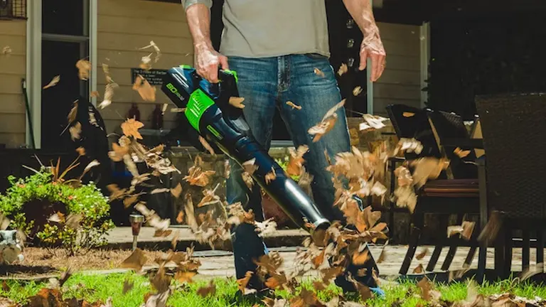 Person using Greenworks Pro 80V BL80L2510 leaf blower on a lawn